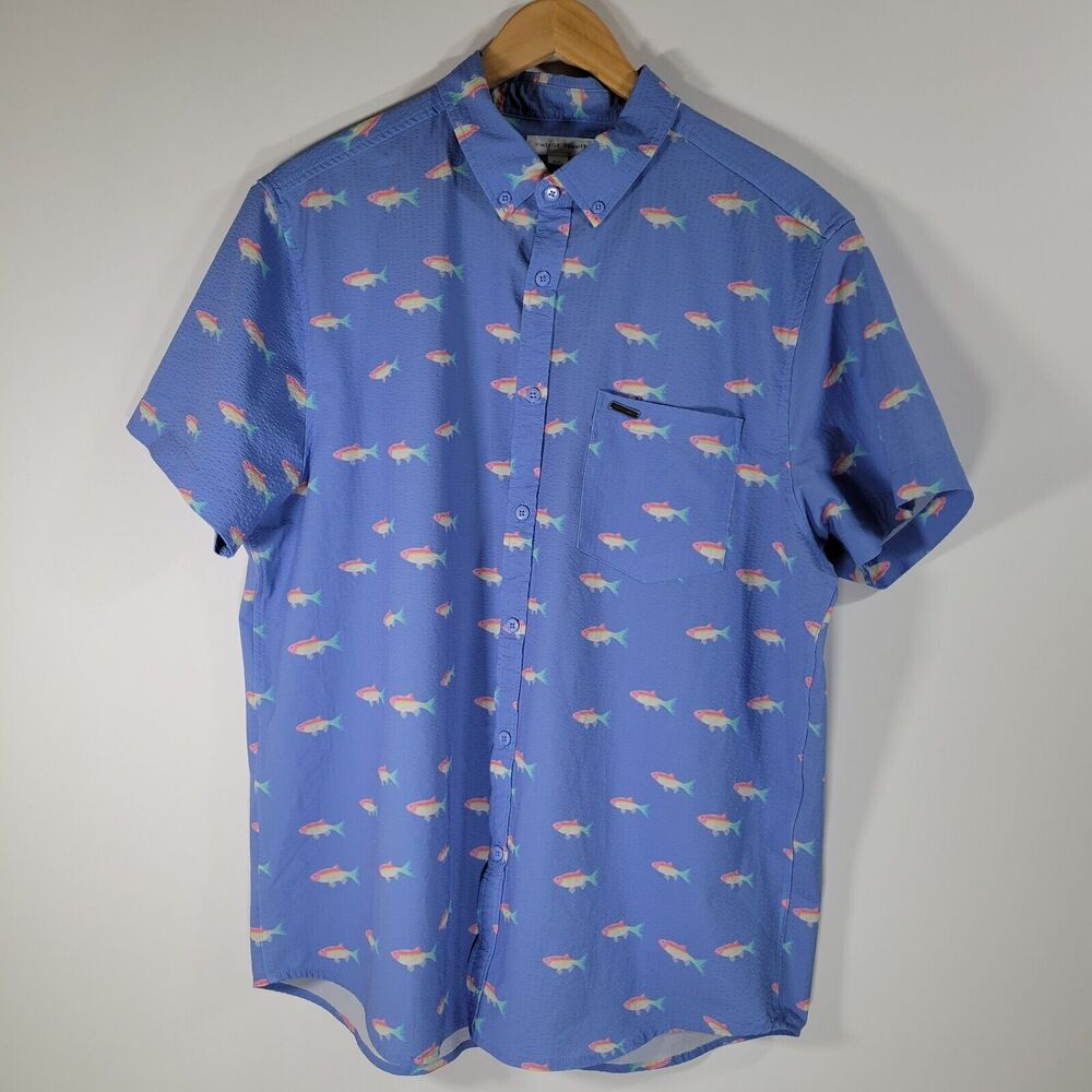 VINTAGE SUMMER Purple Fish Button Down Shirt Size XXL Short Sleeve Swim